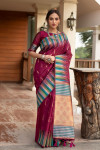Magenta color pure tussar silk saree with ikat woven border