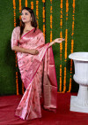 Baby pink color soft linen silk saree with weaving work