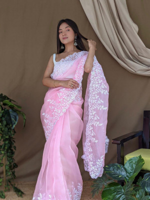 Baby Pink Hand Painted Organza Saree With Cutwork Border | Menka