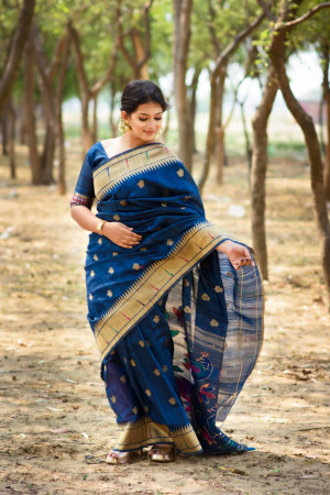 Light Blue Paithani Silk Saree With Navy Blue Border