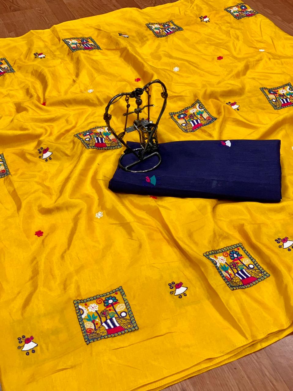 Yellow color dola silk saree with embroidery work