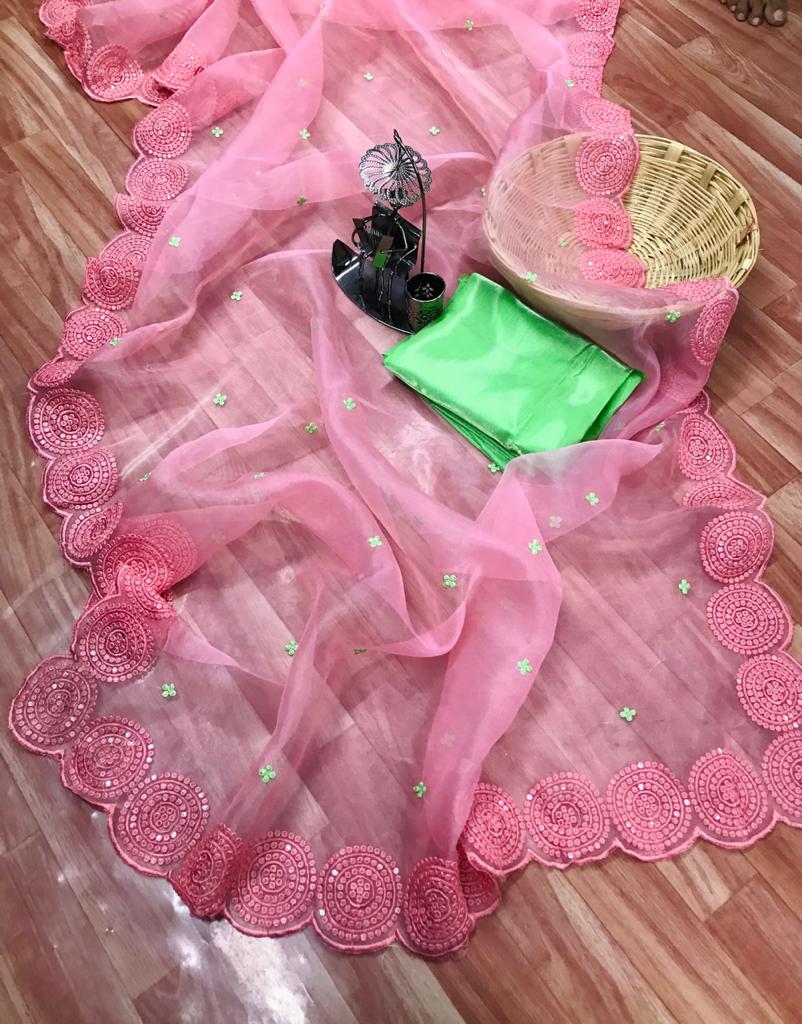 Pink color organza silk saree with embroidery sequence work