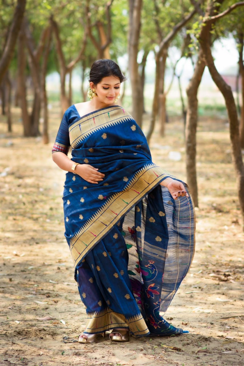 Handmade Aqua Blue Paithani Saree with Traditional Design – FOURMATCHING