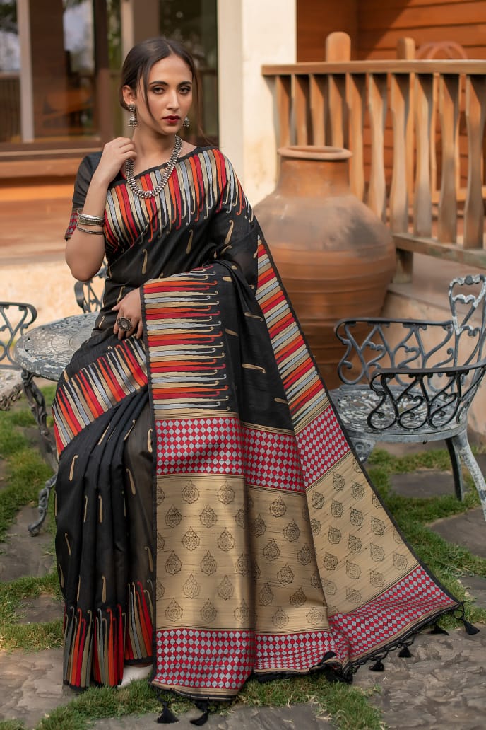 Tussar Silk Black Saree | Hand Block Printed by Ramdhanu Ethnic