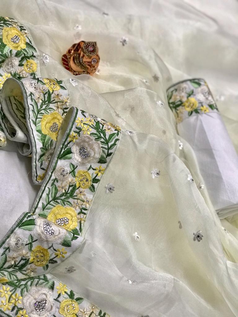 White color organza silk saree with embroidery work