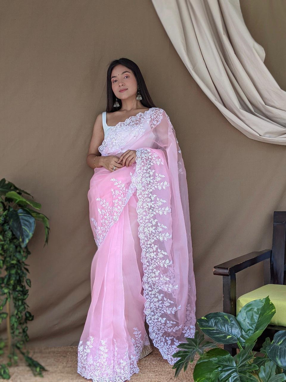 Baby pink color organza saree with threads & sequence work