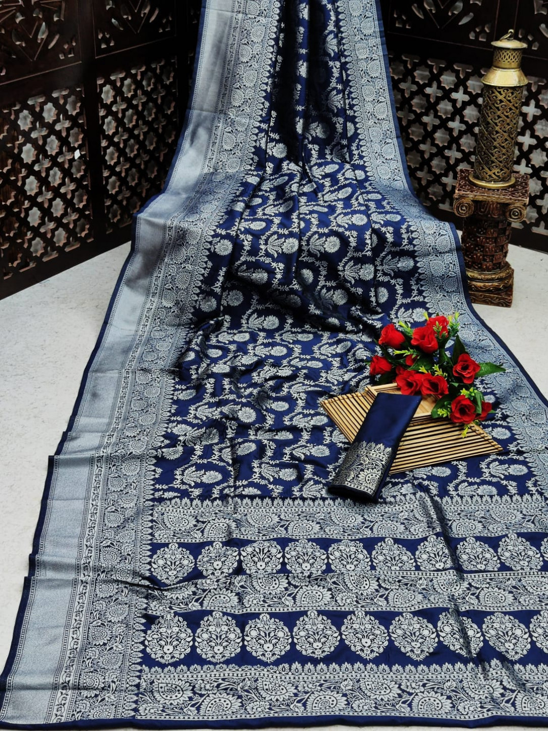 Nevy blue color banarasi silk saree with silver zari weaving work