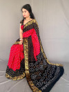 Multi color soft  bandhani silk saree with khadi printed work
