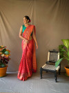 Pink color pure silk saree with golden zari weaving work