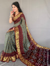 Multi color soft bandhani silk saree with khadi printed work