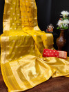 Yellow color soft linen cotton saree with zari weaving work