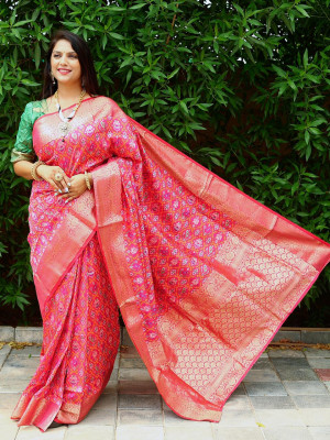 Rani pink color patola silk saree with gold zari weaving work