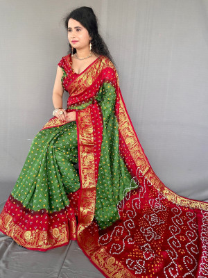 Multi color soft  bandhani silk saree with khadi printed work