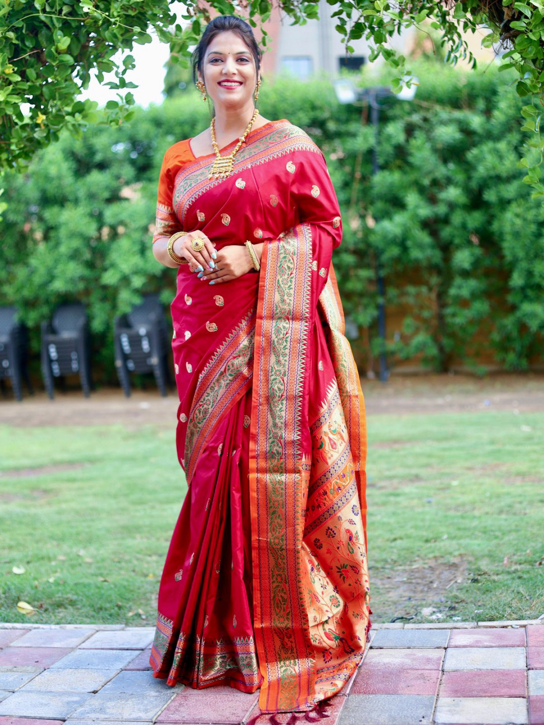 Maroon color paithani silk saree with zari weaving work