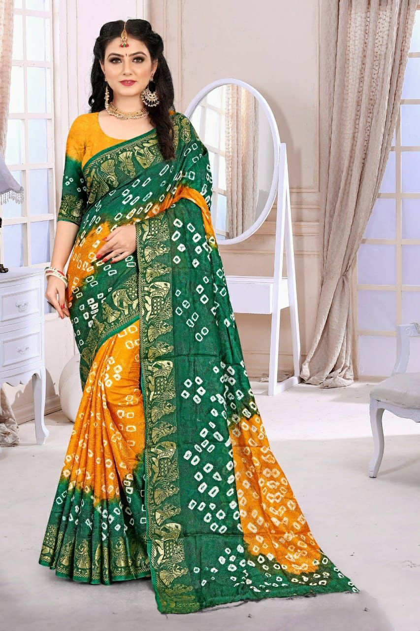 Multi color soft art silk bandhani saree with zari weaving work