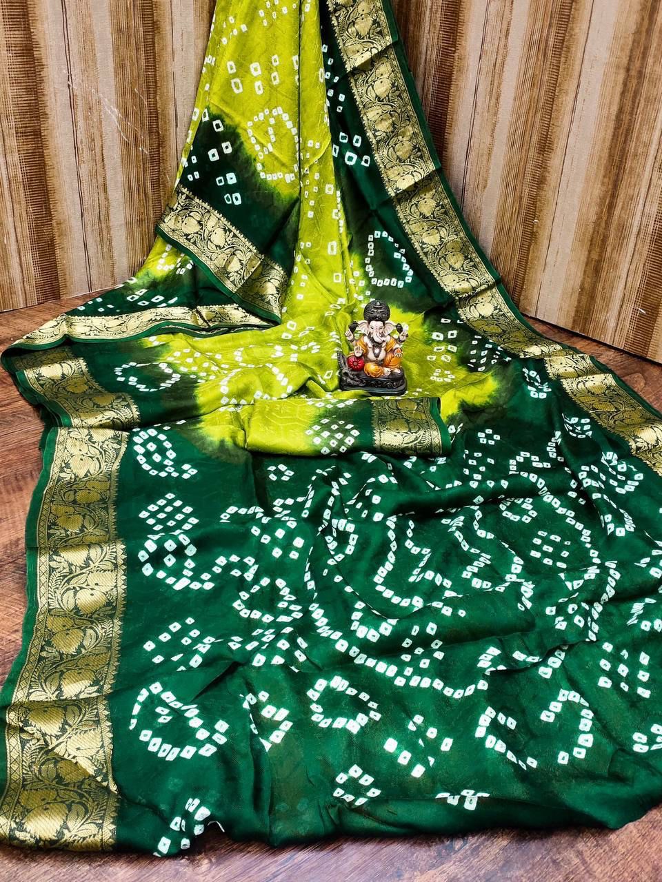 parrot-green-and-dark-green-color-hand-bandhej-bandhani-silk-saree-with