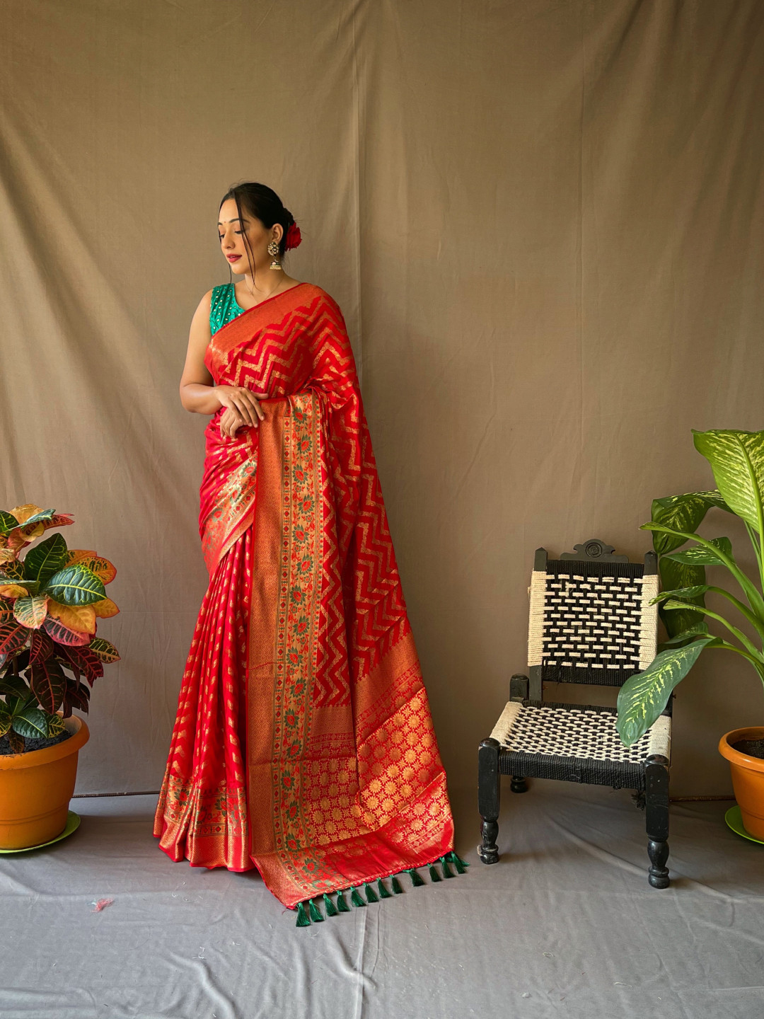 Shop Golden Red Tissue Silk Saree Online | SALE | Me99