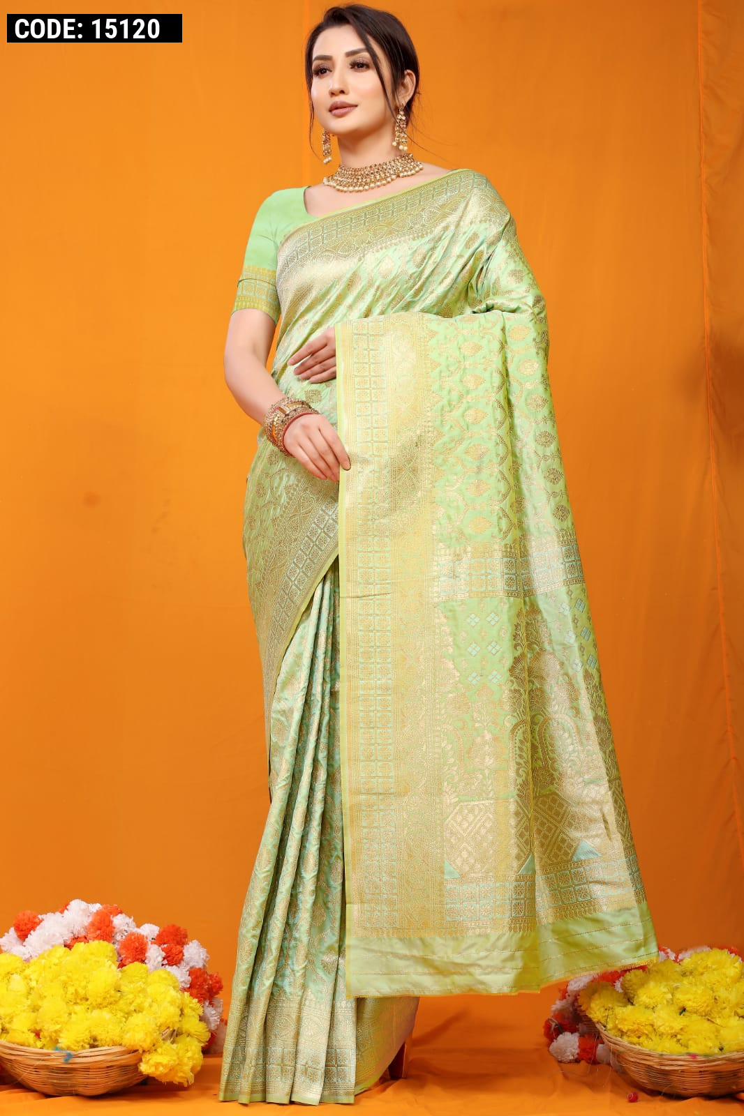 Sea green color banarasi silk saree with golden zari weaving work