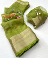 Mahendi green color organza silk saree with printed work