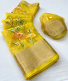 Yellow color organza silk saree with printed work