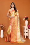 Yellow color tissue silk saree with zari weaving work