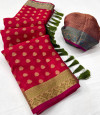 Red color kora muslin silk saree with woven design