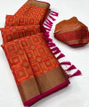 Orange color kora muslin silk saree with woven design