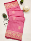 Baby pink and magenta color soft raw silk saree with woven design