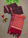 Black and red color tussar silk saree with zari woven work