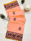 Peach and mahendi green color soft raw silk saree with woven design