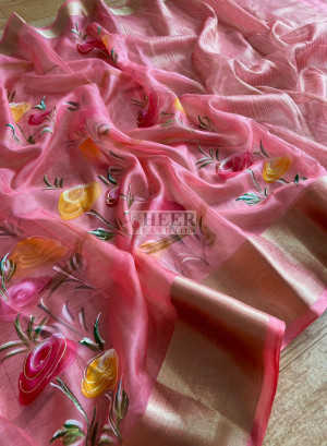Gajari color organza silk saree with printed work