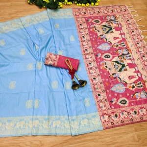 Sky blue and baby pink color soft raw silk saree with woven design