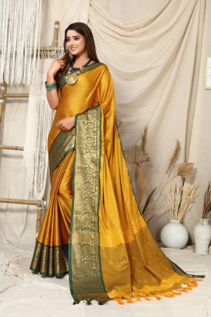 Buy Varkala Silk Palace Women's kanchi pattu Kanchipuram Banarasi Lichi  Kanjivaram Silk Saree With Plain Unstitched Blouse (Yellow colour) at  Amazon.in