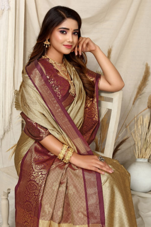 Embroidered Art Silk Saree in Beige – Common Kiwi