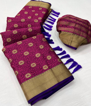 Magenta color kora muslin silk saree with woven design