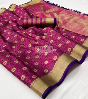 Magenta color kora muslin silk saree with woven design