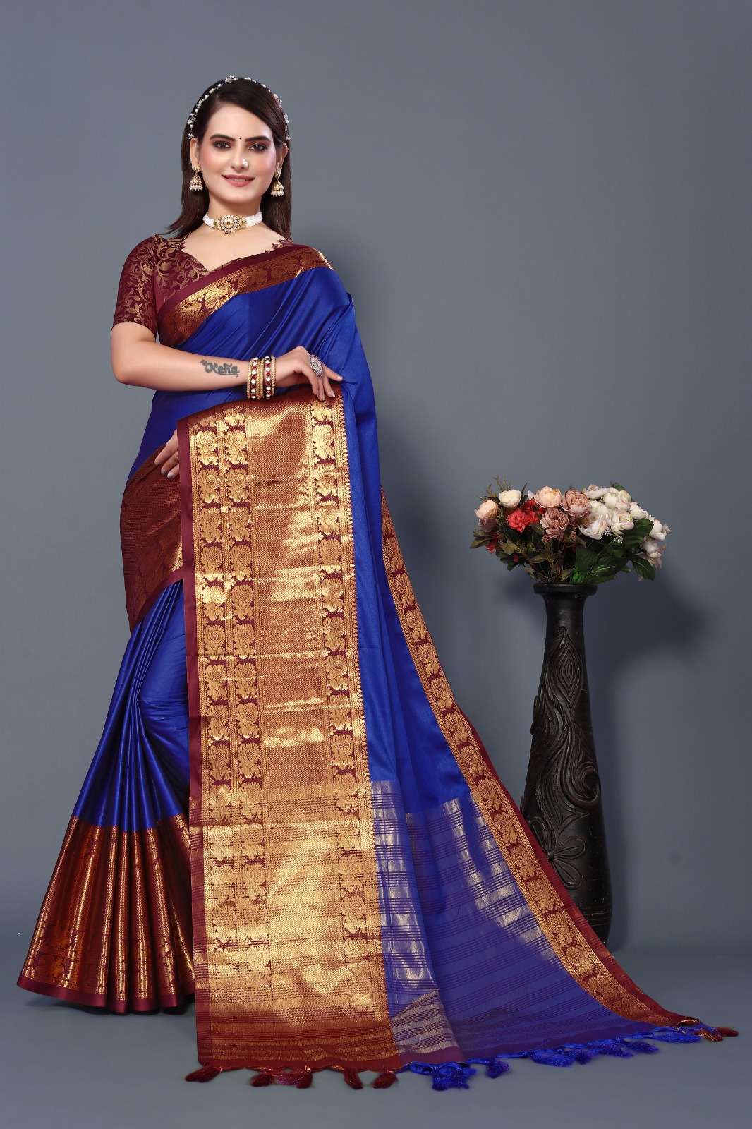 Pomegranate Color Soft Cotton Top (T.L.47') botton side Embroidery and Parallel Pant (P.H.37') with Soft Cotton Dupatta