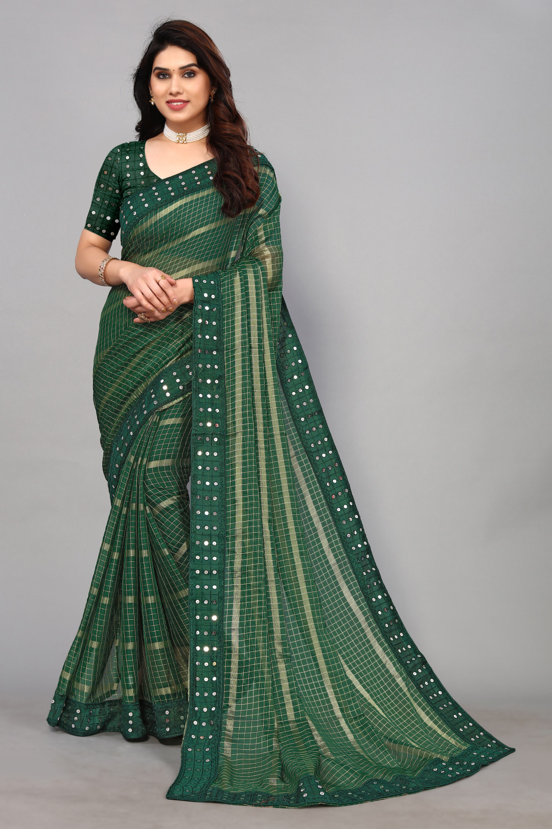 Olive Green Crepe Saree With Stone Embellished Chevron Patterns