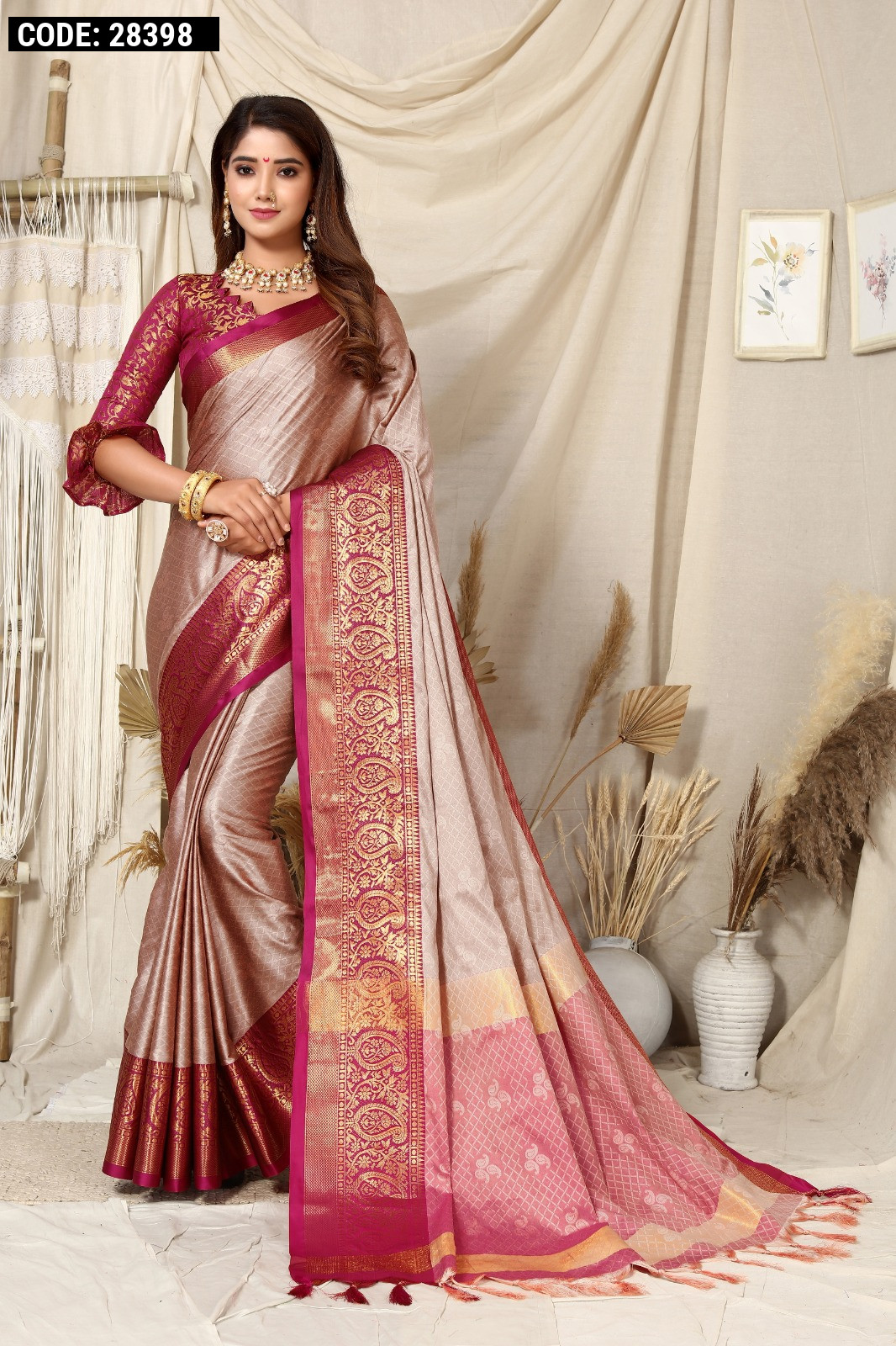 Dual Shaded Bhagalpuri Silk Saree In Pastel Peach Pink with Magenta Pi –  ShopBollyWear.Com