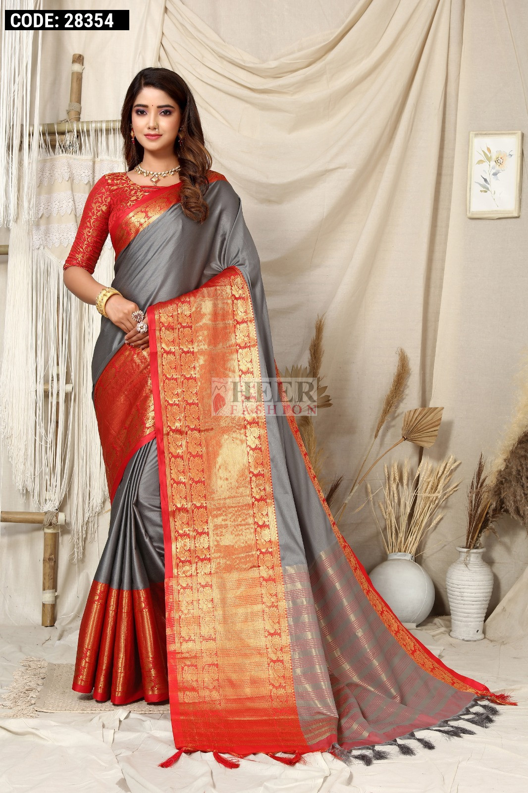 Orange color soft cotton silk saree with woven design