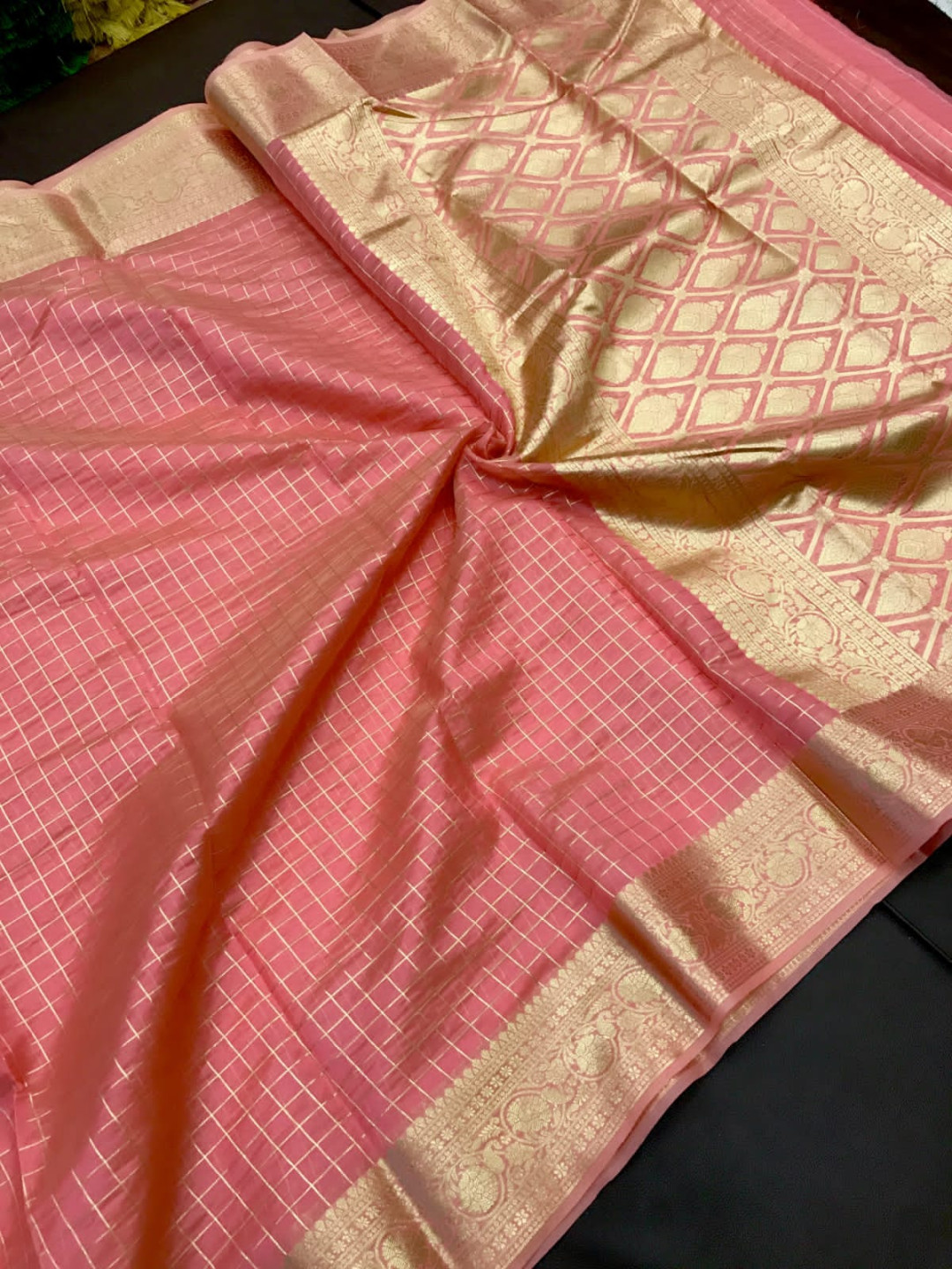Gajari color linen silk saree with zari weaving work