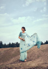 Sky blue color soft organza silk saree with printed work