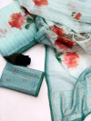 Sea green color soft organza silk saree with printed work