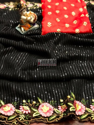 Black color chiffon saree with sequence embroidery work