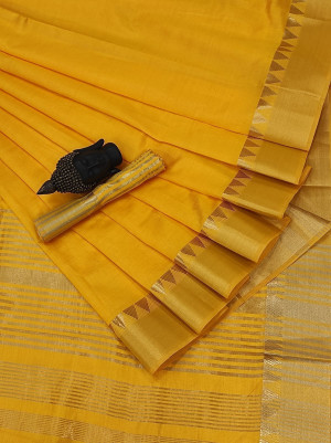 Yellow color soft assam silk saree with golden zari weaving work