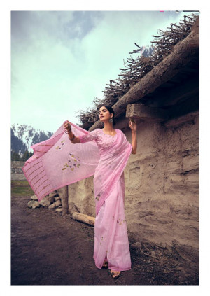 Pink color soft organza silk saree with printed work
