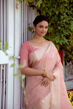 DELIVERY IN 15-20 DAYS) PINK COLOUR ORGANZA TISSUE SAREE EMBELLISHED –  Kothari Sons