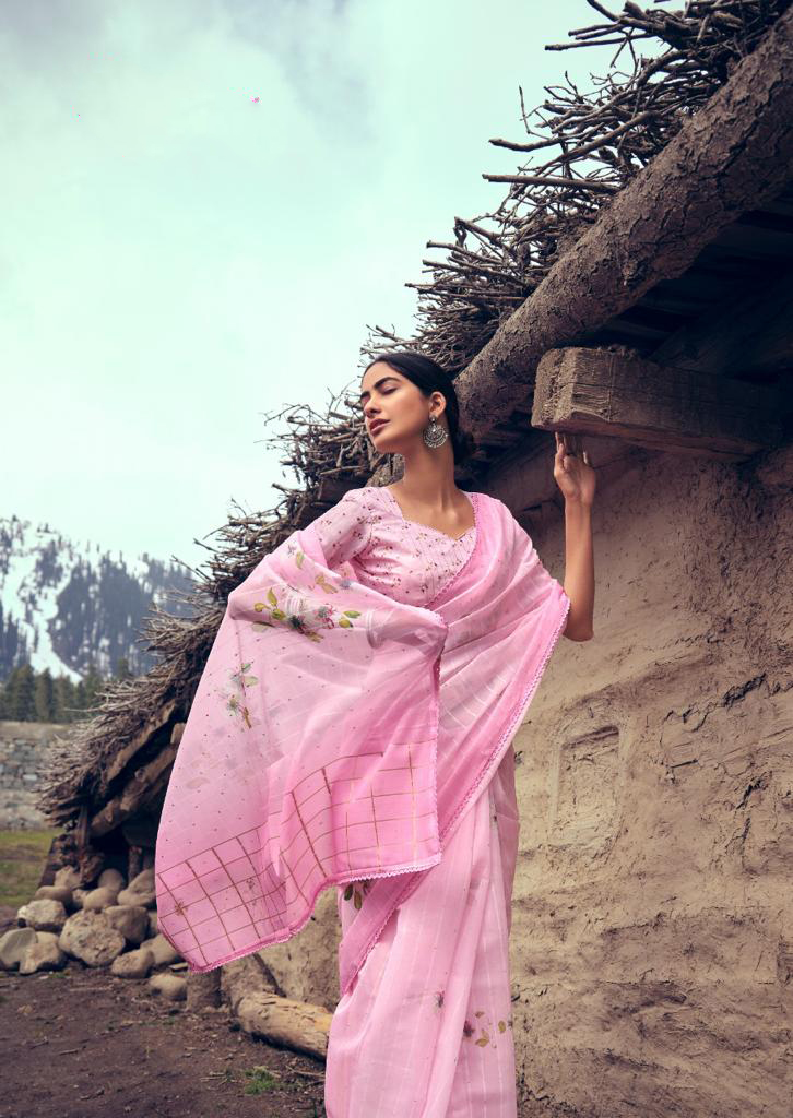 Pink color soft organza silk saree with printed work