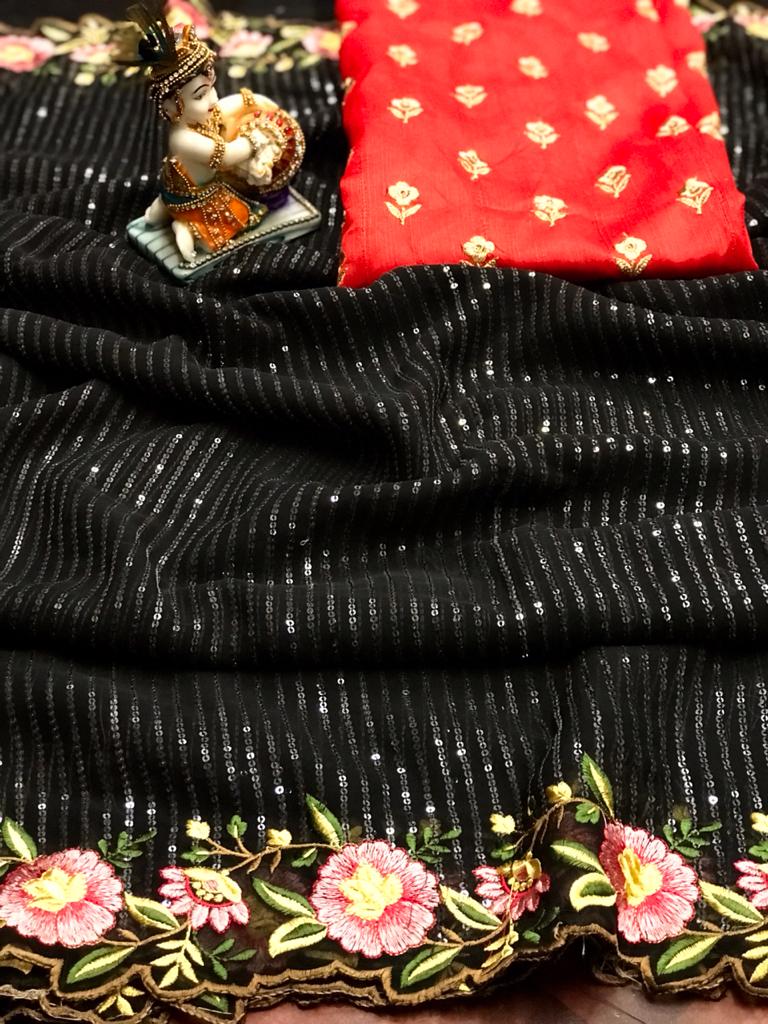 Black color chiffon saree with sequence embroidery work