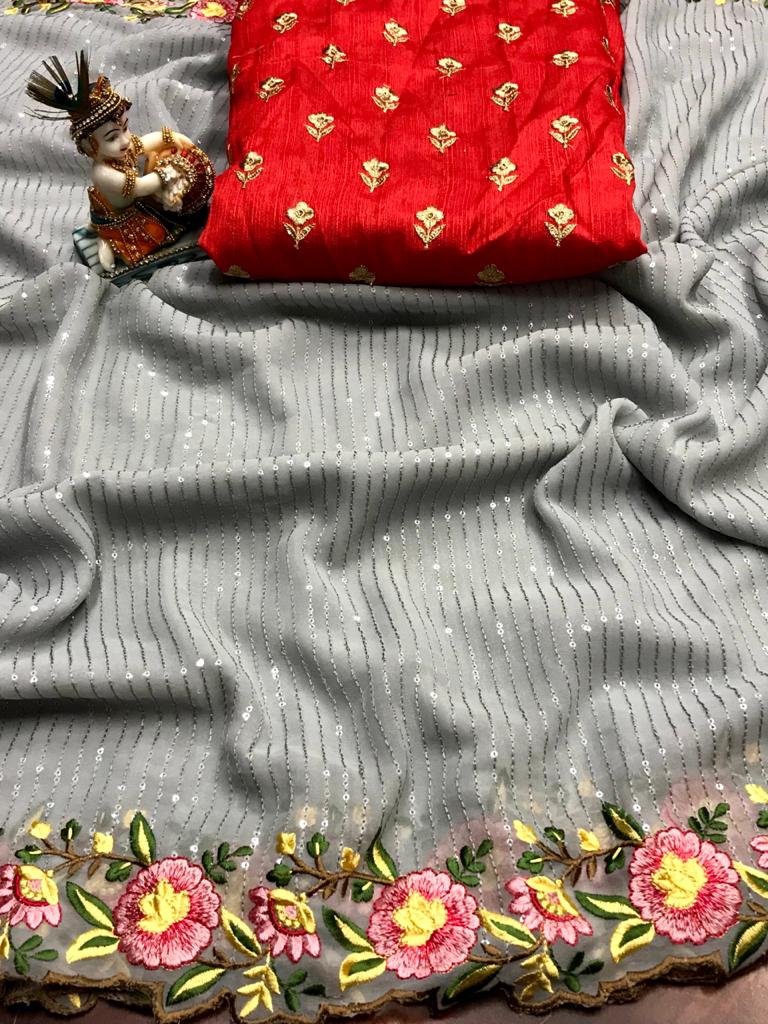 Gray color chiffon saree with sequence embroidery work